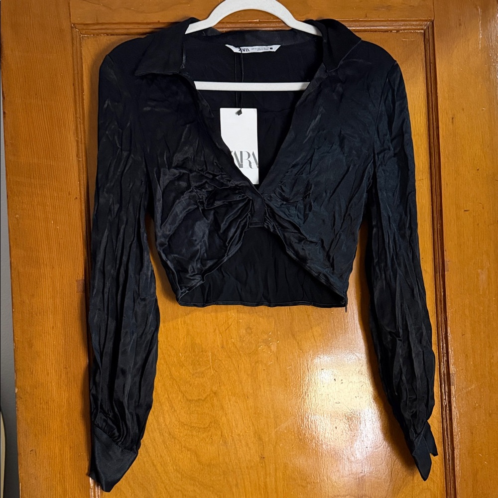NWT Zara Ruched Satin long sleeve Blouse crop top Elegant Black Women's Top